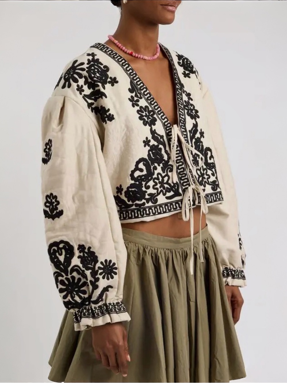 Elan Boho Embroidered Cropped Tie-Front Jacket Sz M MSRP $156 NWT